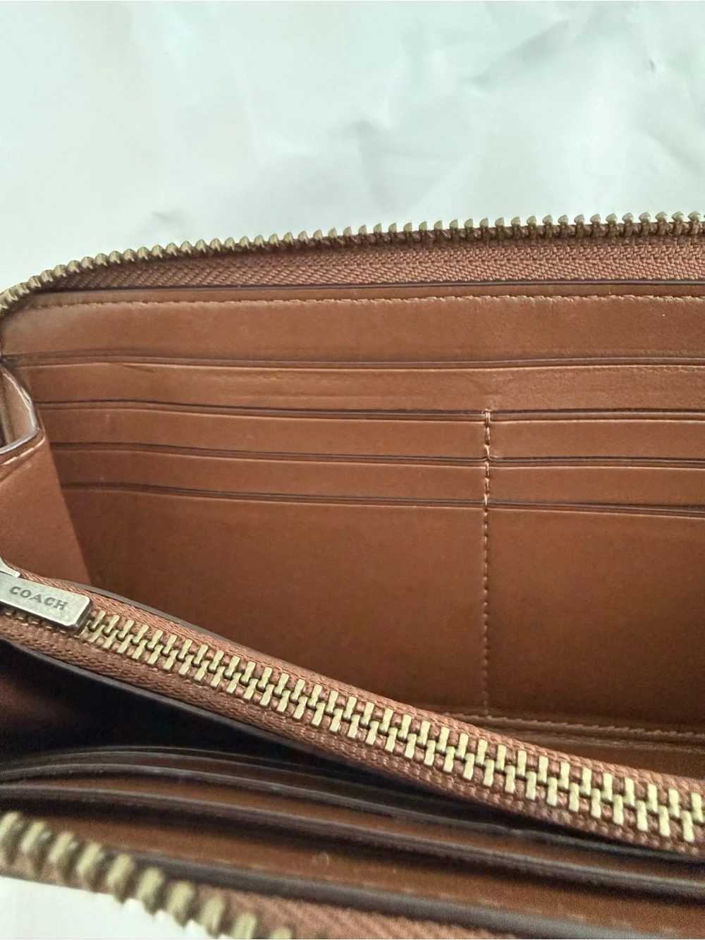 Coach Brown Leather Zip Wallet with Neon Baseball Stitching